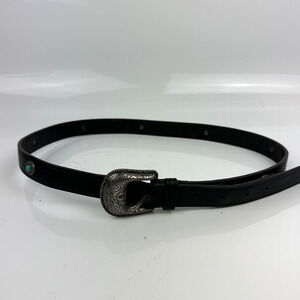 Western Y2K Black Leather Belt Detailed Buckle with Inlaid Turquoise Unisex 89cm